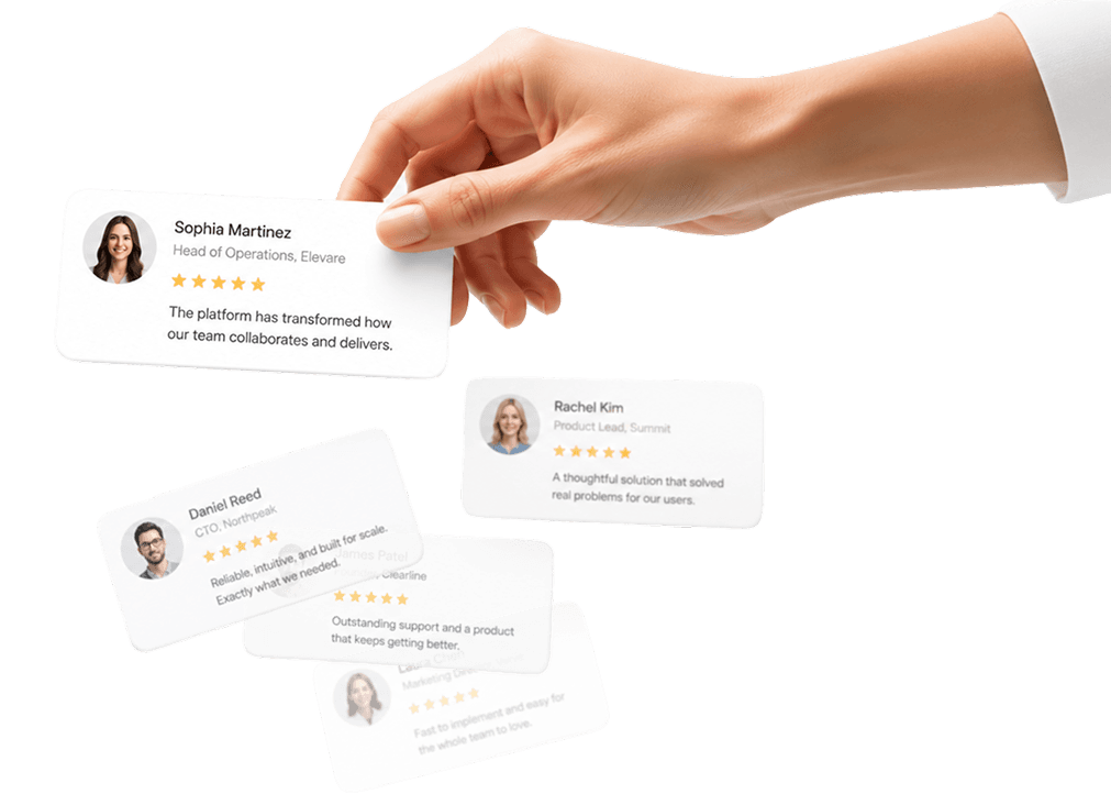 Hand placing testimonial cards showing client reviews and five-star ratings